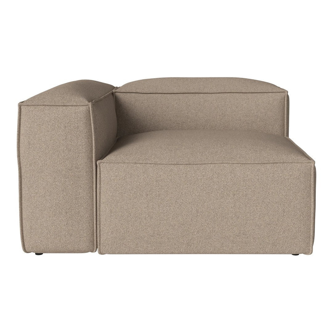 Beige sectional sofa with a minimalist design and clean lines, featuring a textured fabric finish.