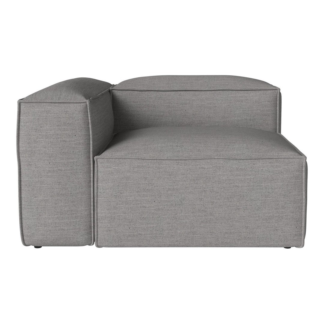 Gray upholstered sectional sofa with a textured pattern and minimalist design. Perfect for modern living spaces.