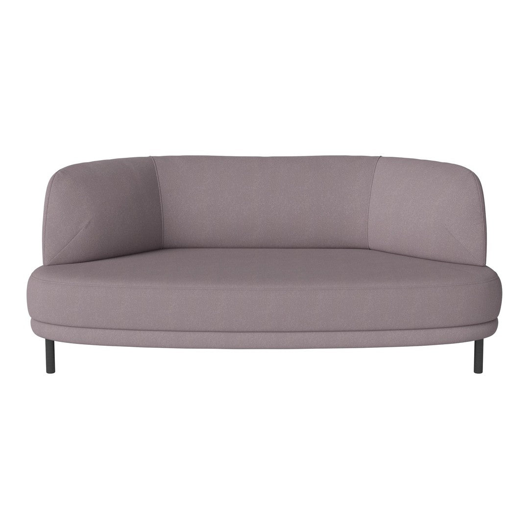 "Round lavender accent sofa with a sleek, minimalist design and smooth fabric upholstery."