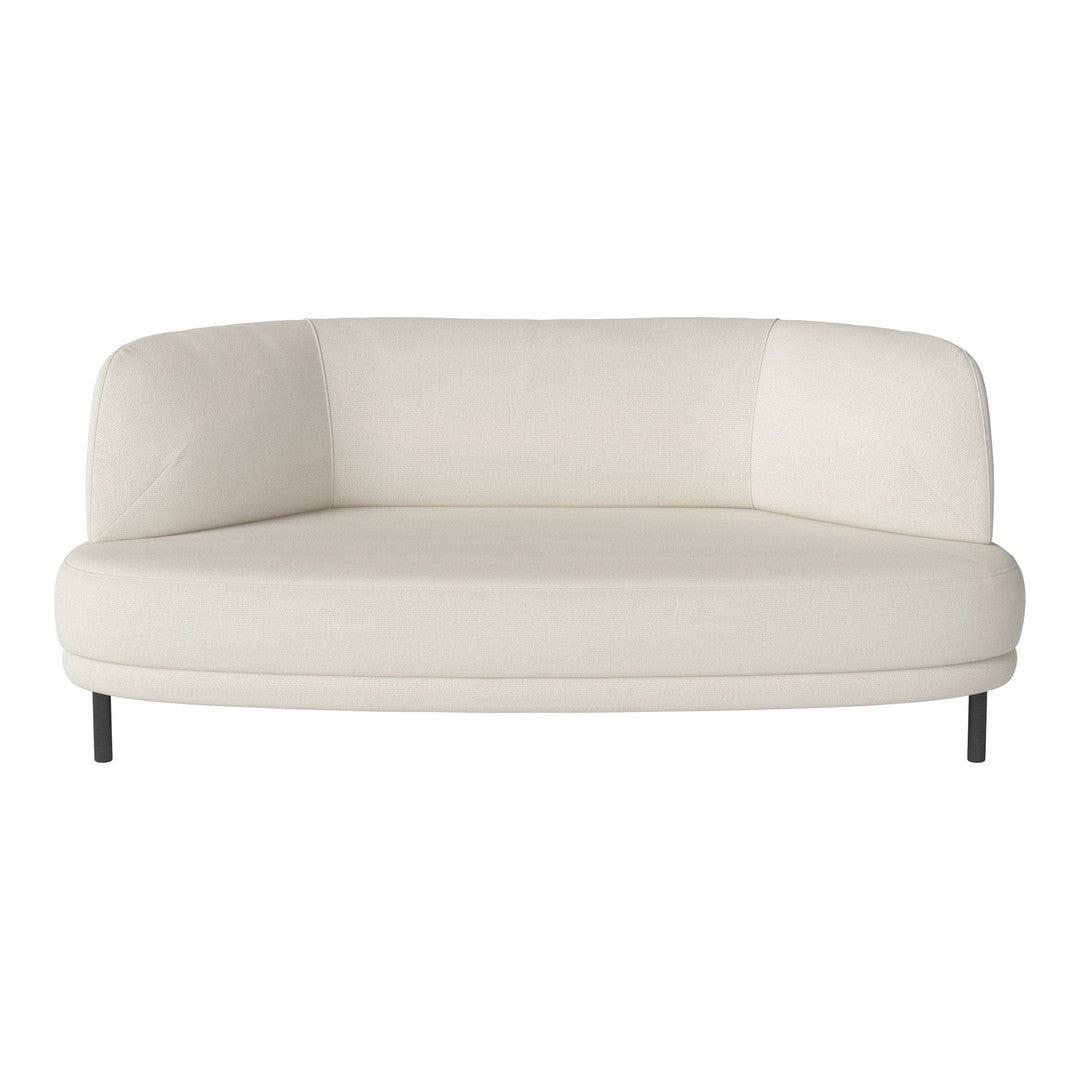 Curved white sofa with a smooth texture and minimalist design, perfect for modern decor.