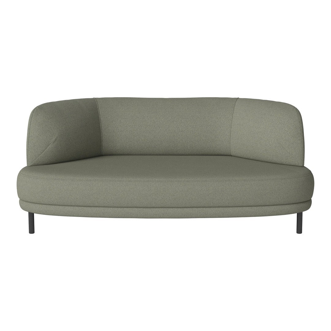 Sleek round sofa in soft sage green upholstery, featuring a minimalist design and smooth, clean lines.