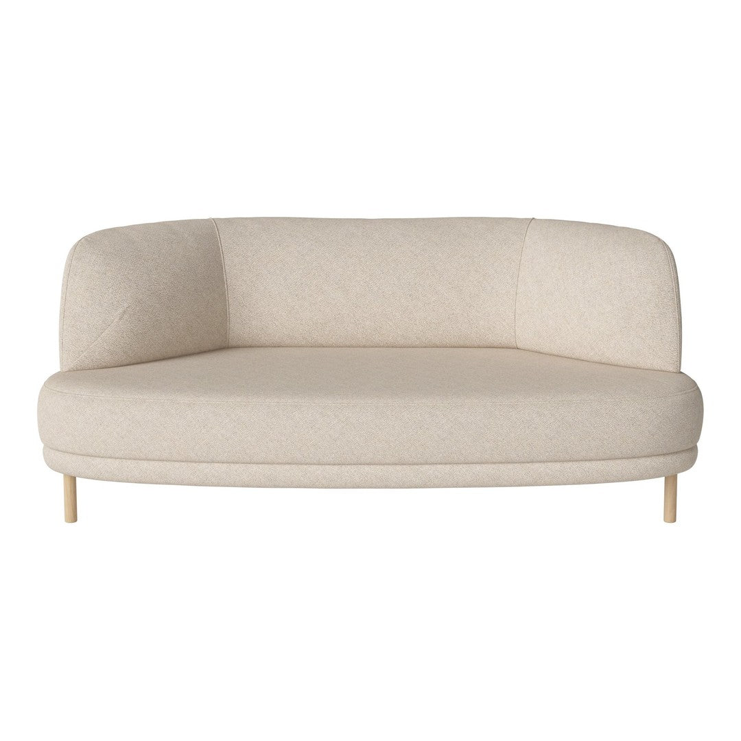 Cream-colored, rounded sofa with a smooth fabric texture and natural wood legs, perfect for modern decor.