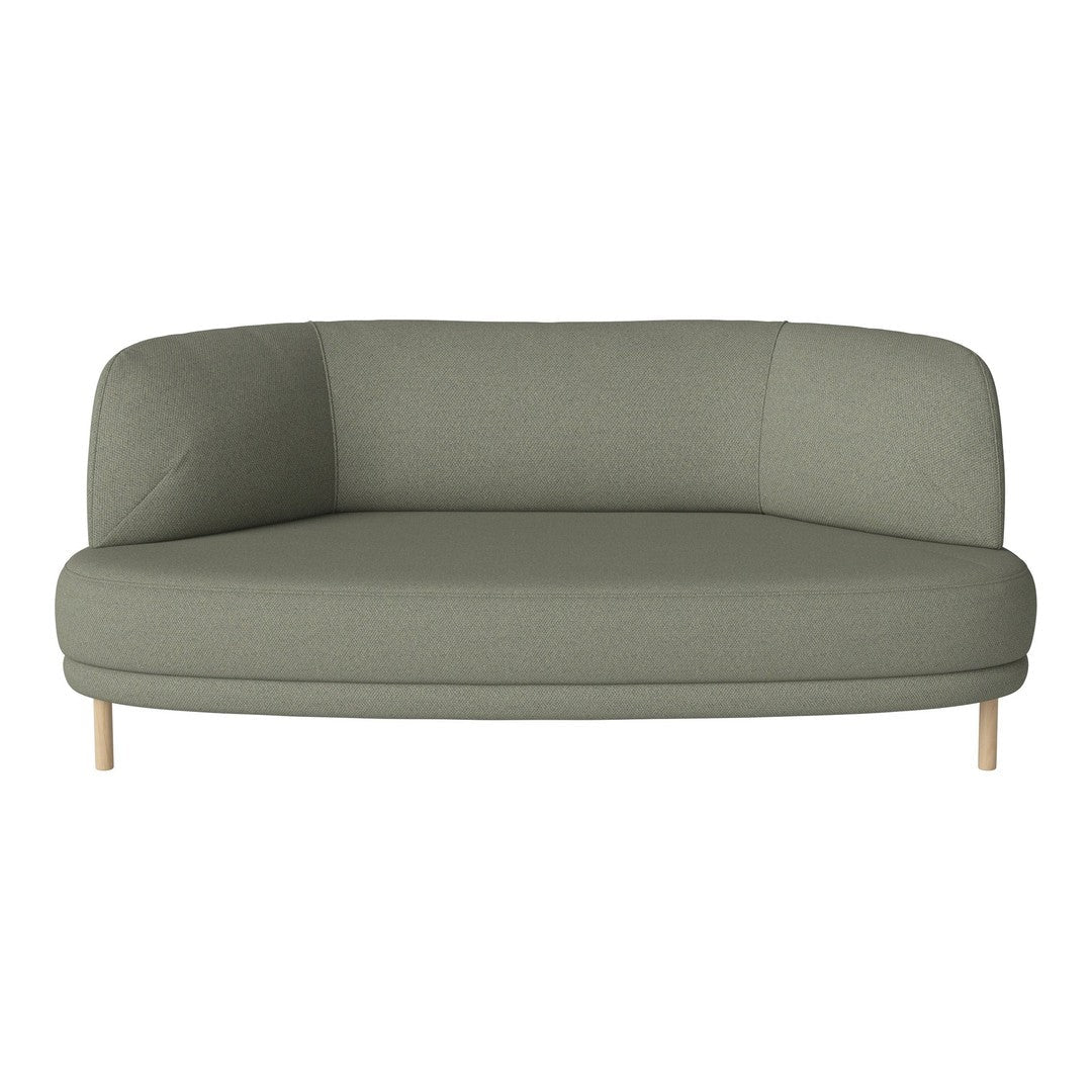 Sleek, modern light green sofa with a minimalist design and rounded edges, complemented by natural wood legs.