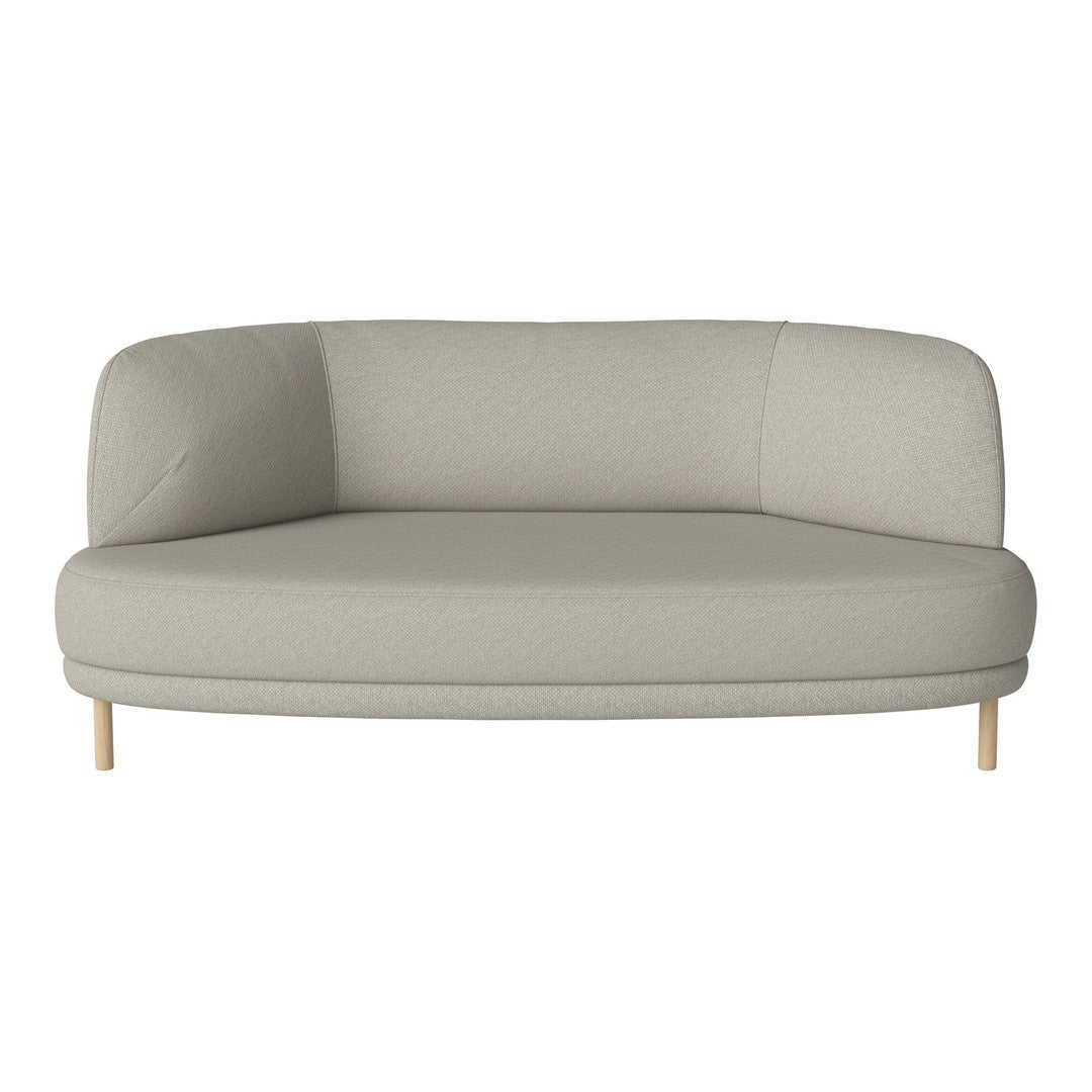 Light gray, curved sofa with a smooth texture and minimalist design, featuring natural wooden legs.
