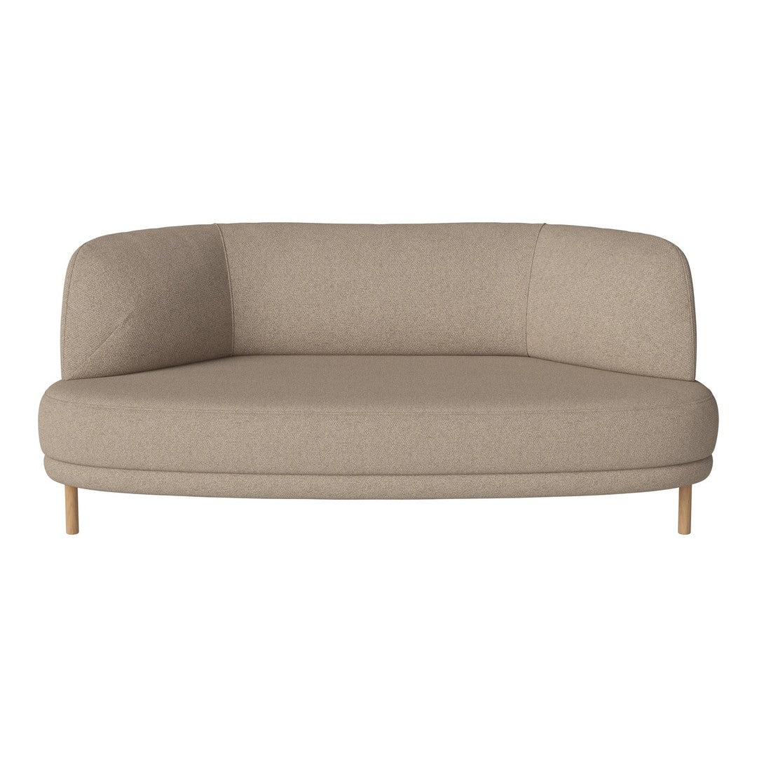 Beige curved sofa with a smooth texture and light wood legs, offering a modern and minimalist design.