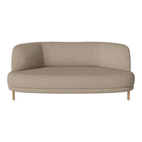 Beige curved sofa with a smooth texture and light wood legs, offering a modern and minimalist design.