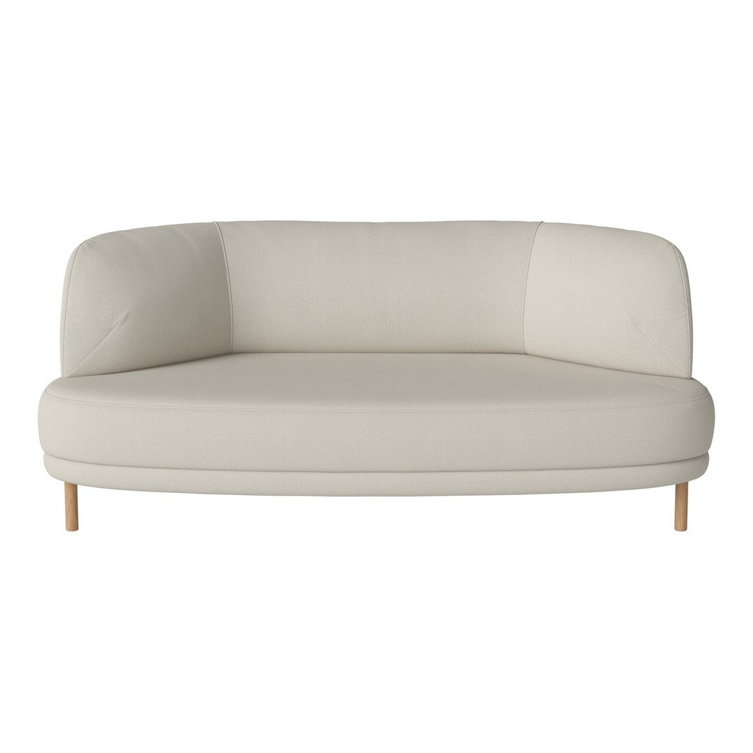 Curved two-tone beige sofa with smooth fabric and light wood legs, perfect for modern living spaces.