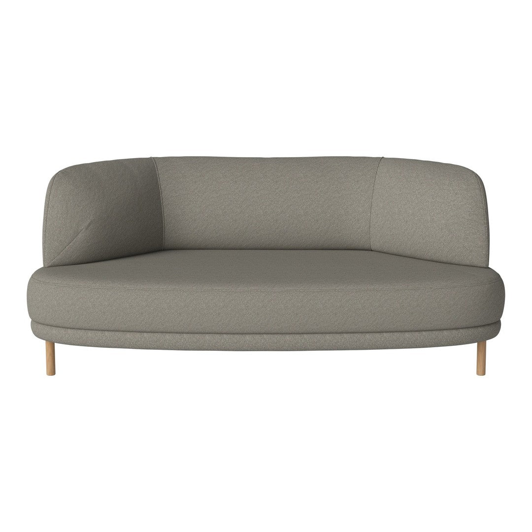 Curved light gray sofa with a smooth fabric texture and natural wood legs, perfect for modern living spaces.