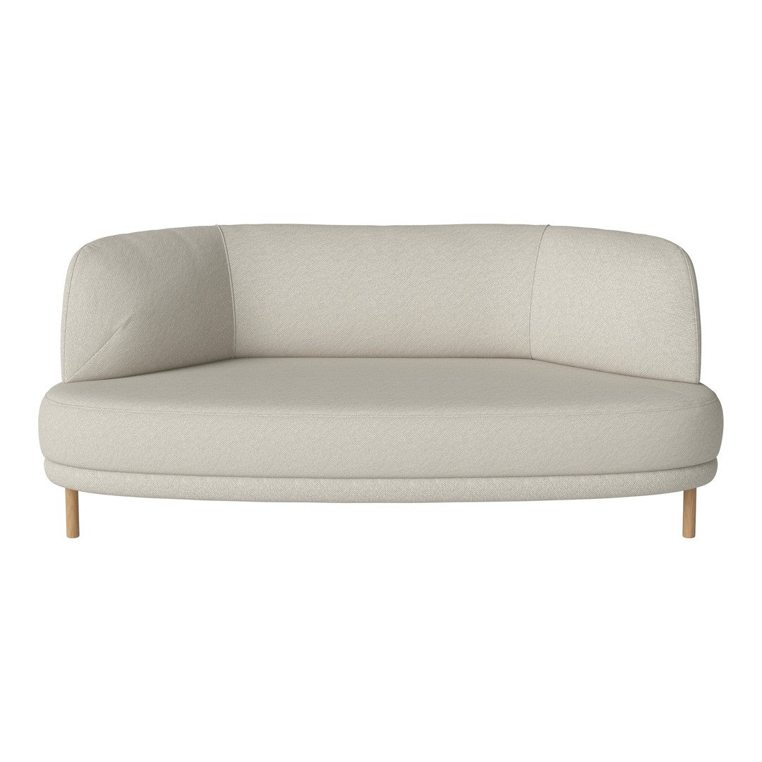 Beige curved sofa with smooth fabric and light wooden legs, perfect for modern living spaces.