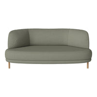Soft green upholstered couch with a minimalist design and light wooden legs, featuring a smooth, rounded shape.