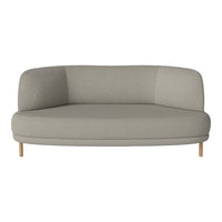 Light gray modern sofa with a curved shape and smooth fabric. Natural wood legs complement its minimalist design.