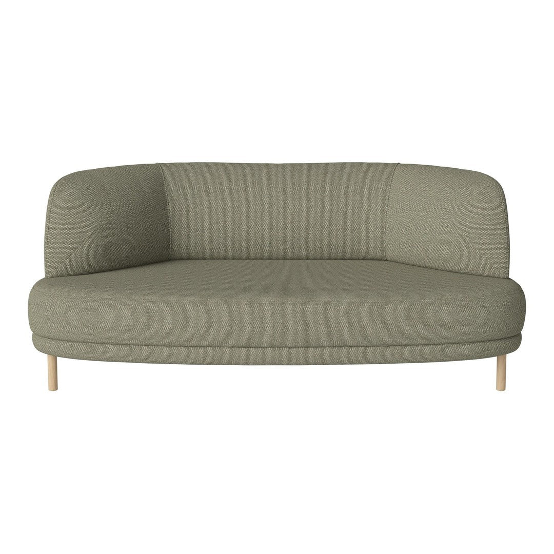 Green upholstered loveseat sofa with a textured pattern and light wooden legs, featuring a curved design.