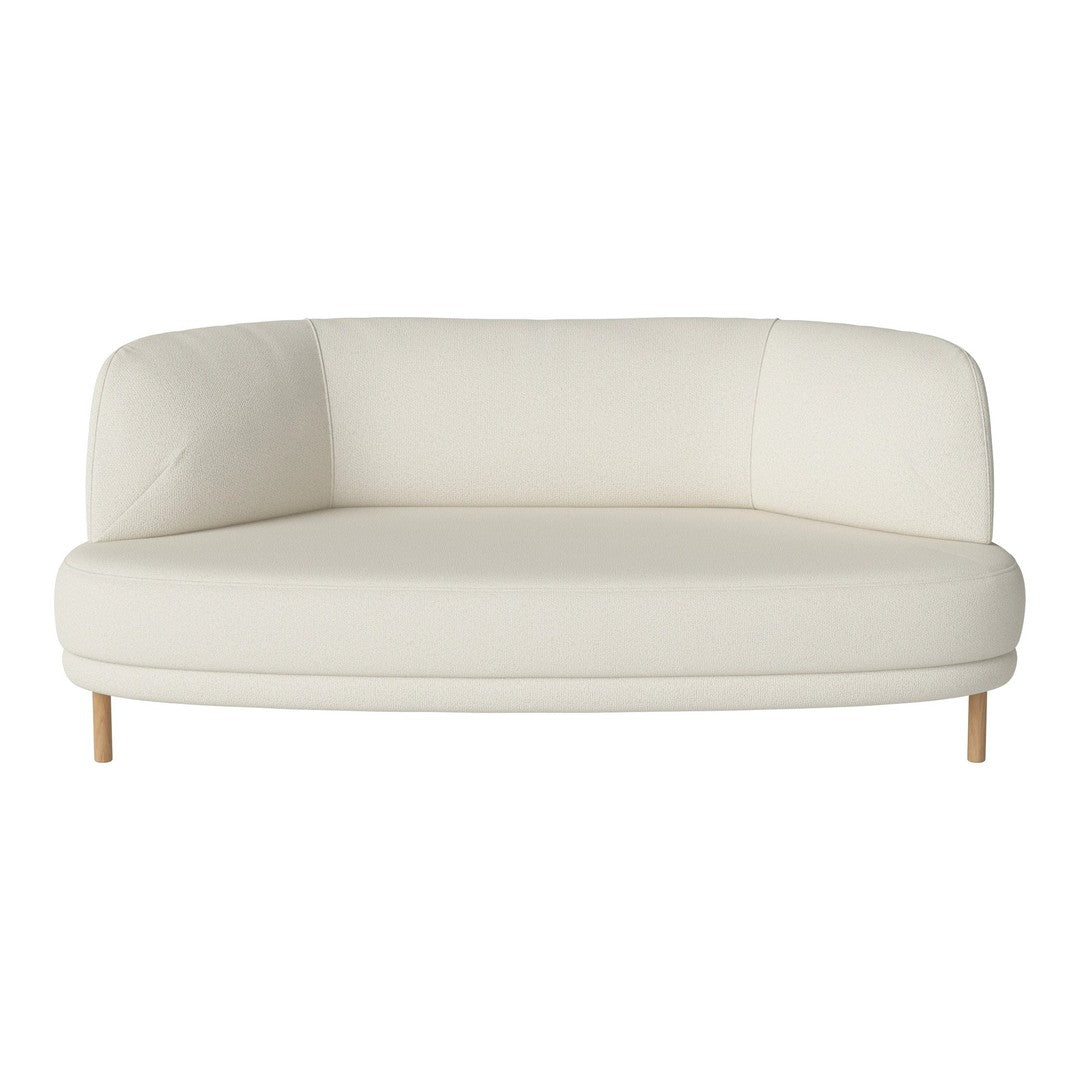 Curved white sofa with a smooth fabric finish and natural wood legs, featuring a minimalist, modern design.