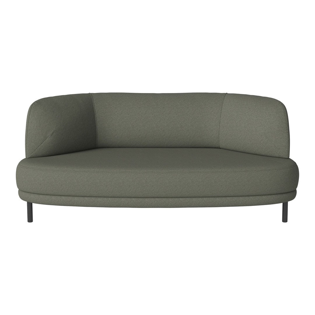 Curved green sofa with a textured fabric and minimalist design, featuring sleek metal legs for modern elegance.