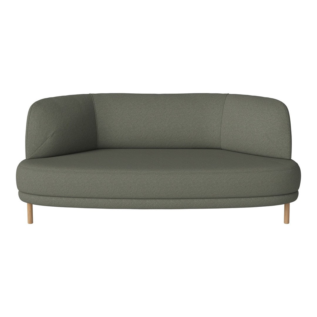 Green upholstered sofa with a smooth, minimalistic design and natural wood legs. Modern aesthetic for any space.