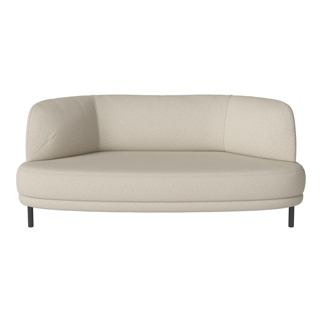 Beige curved sofa with smooth fabric, featuring a minimalist design and elegant, modern lines. Perfect for any decor.