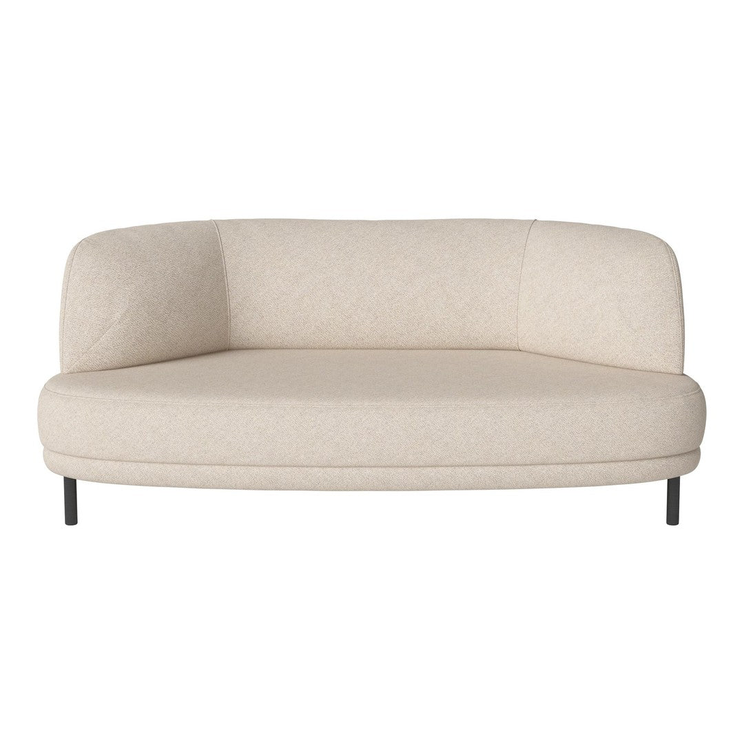 Cream-colored curved sofa with a smooth, textured fabric and sleek black metal legs. Modern and minimalist design.