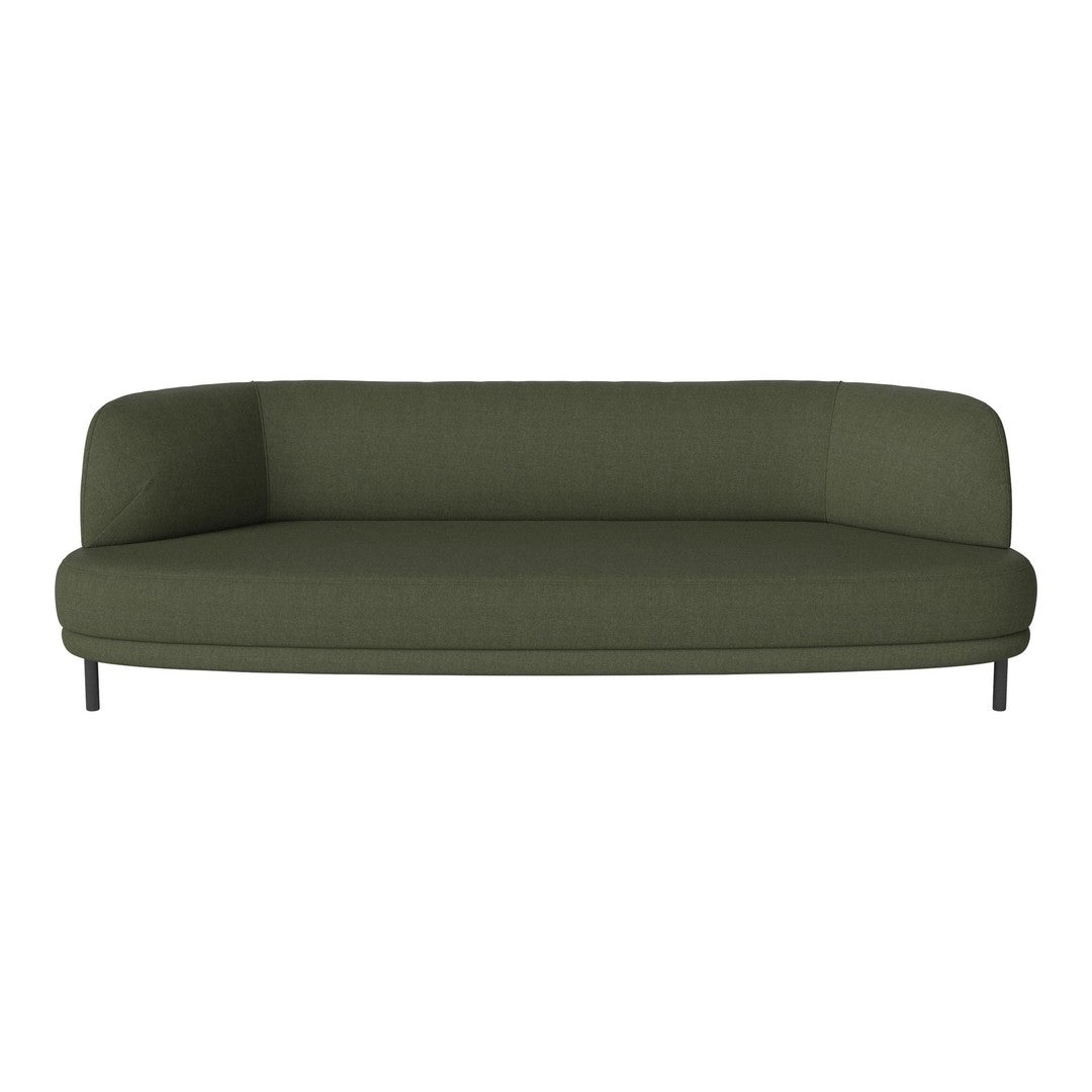 Olive green modern sofa with smooth upholstery and a minimalist design, featuring rounded edges and sleek black legs.