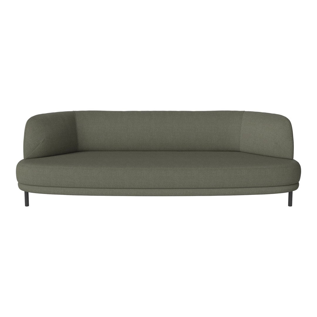 Green upholstered sofa with a smooth, minimalistic design and curved edges, featuring a solid color pattern.