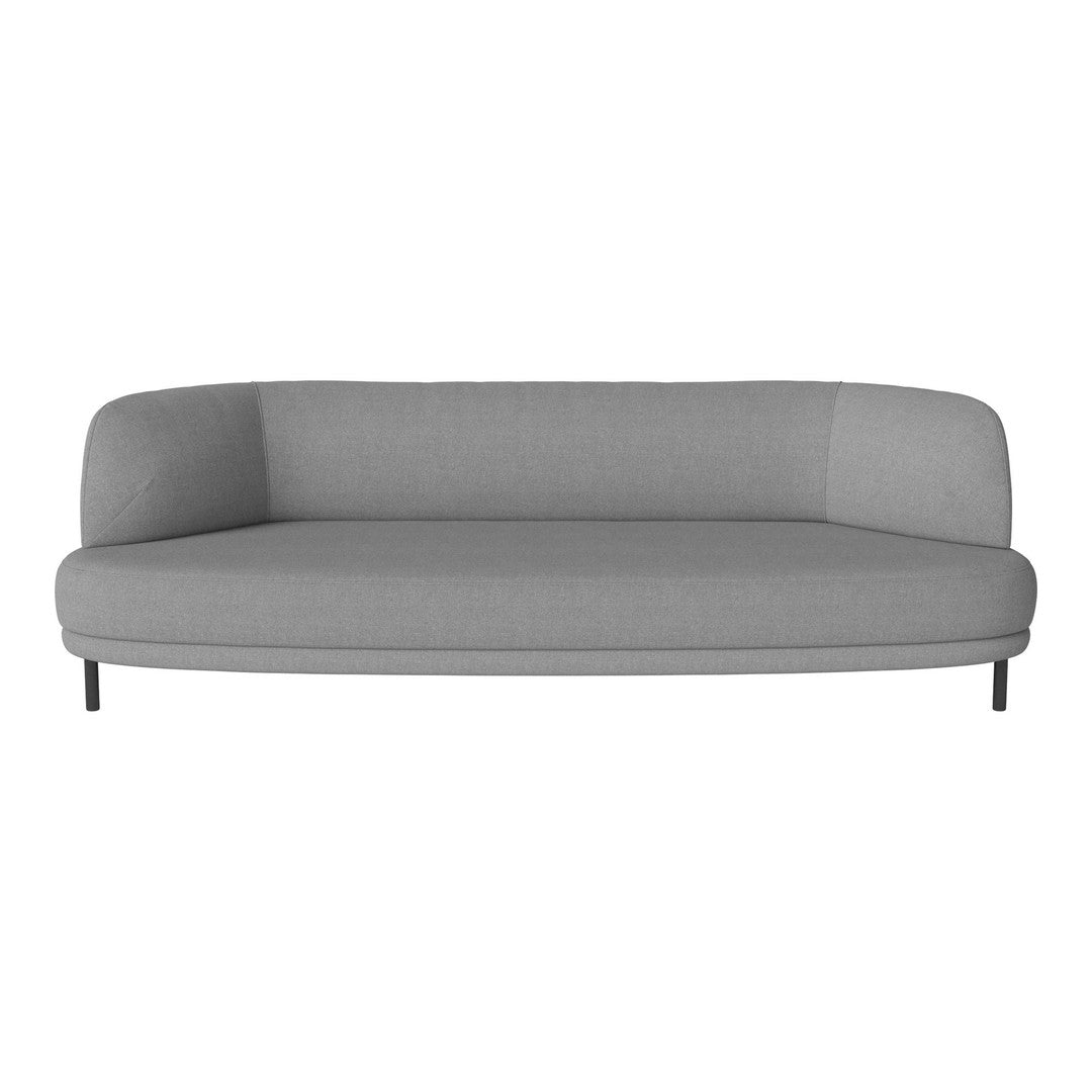 Modern curved sofa in light gray upholstery with a seamless, minimalist design. Perfect for contemporary spaces.