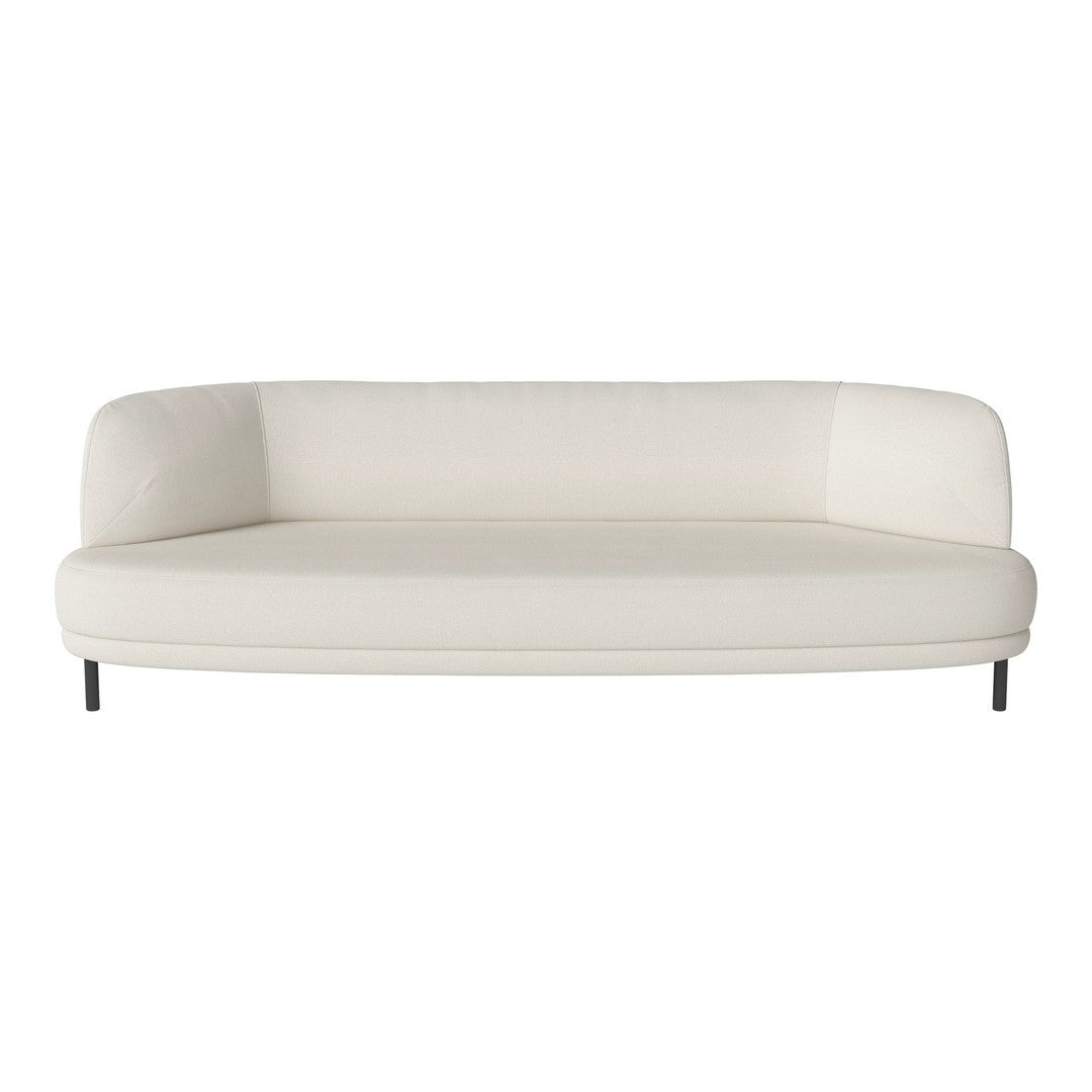Modern white sofa with a sleek, curved design and minimalist aesthetic, featuring a smooth fabric upholstery.