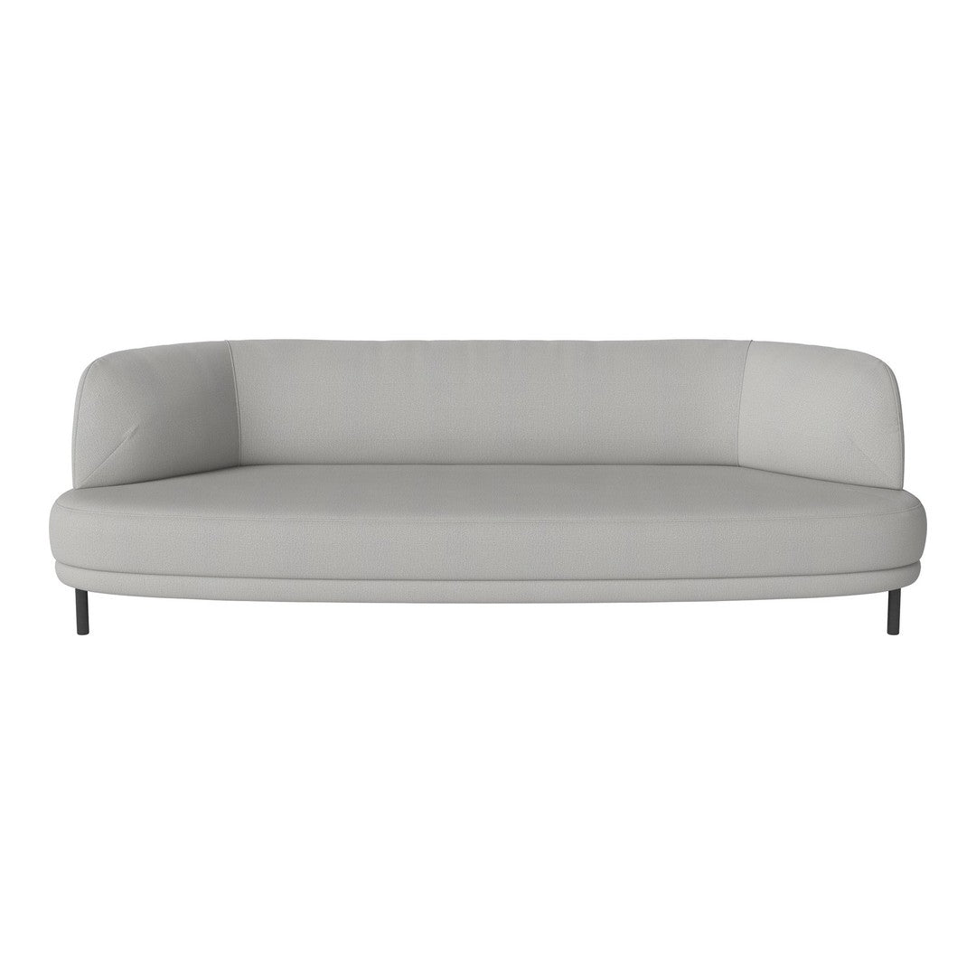 Light gray sofa with a smooth, minimalist design and rounded edges, featuring a soft fabric texture.