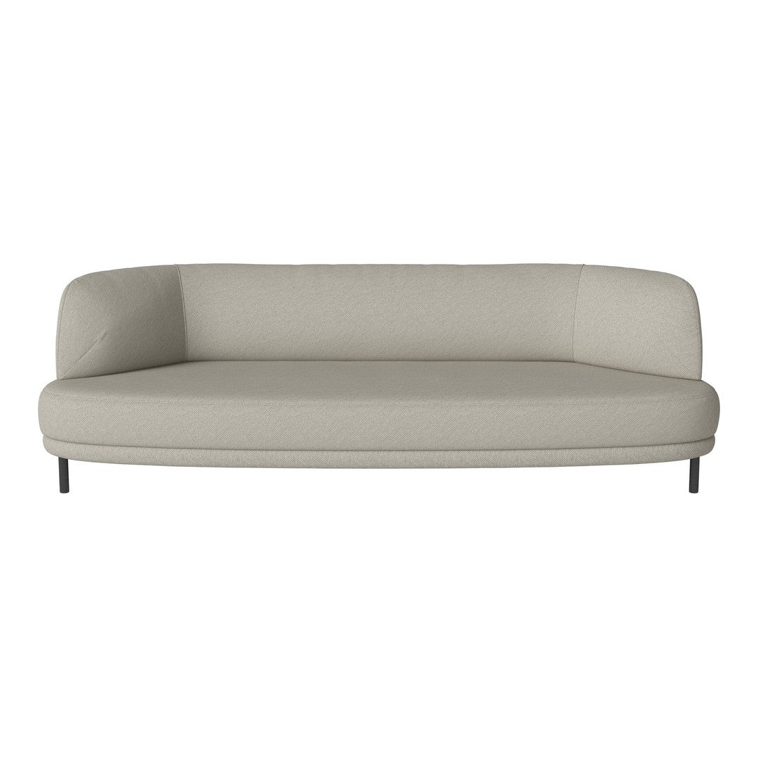 Light grey curved sofa with smooth, minimalist design and sleek black legs, ideal for modern decor.