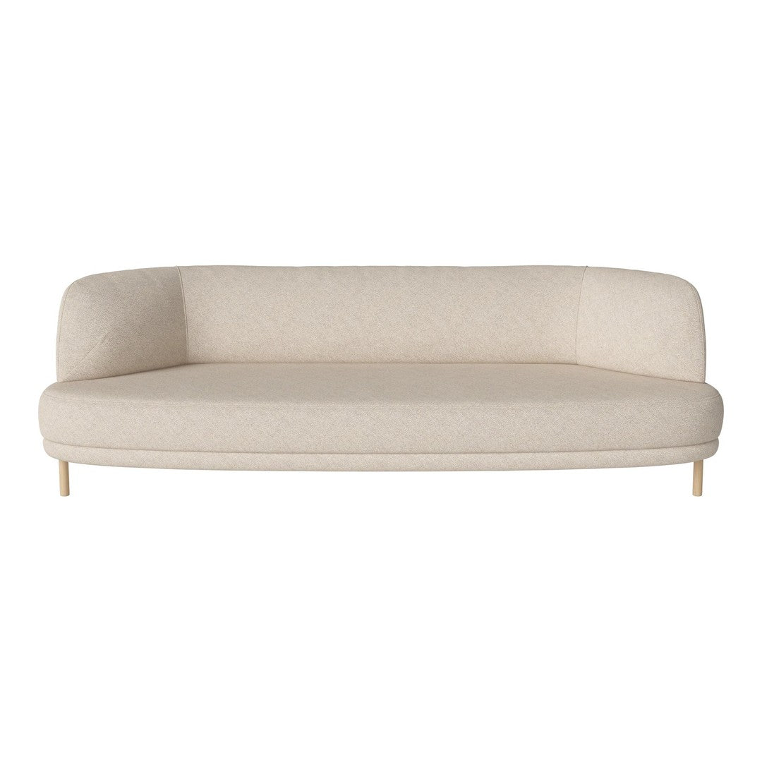 Light beige curved sofa with a smooth, textured fabric and wooden legs, perfect for minimalist decor.