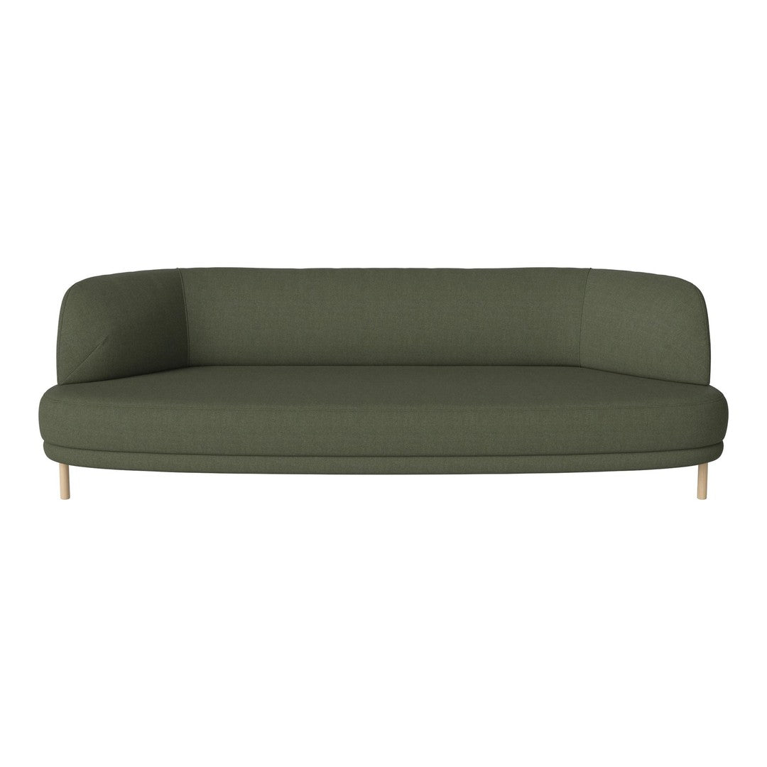 Green upholstered sofa with a smooth, contemporary design and light wooden legs. Ideal for modern living spaces.