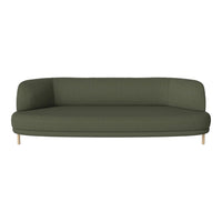 Green upholstered sofa with a smooth, contemporary design and light wooden legs. Ideal for modern living spaces.