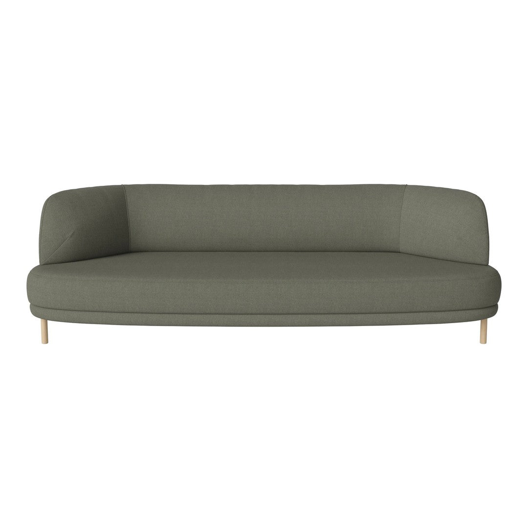 Olive green sofa with a smooth, modern design and light wooden legs, perfect for contemporary spaces.
