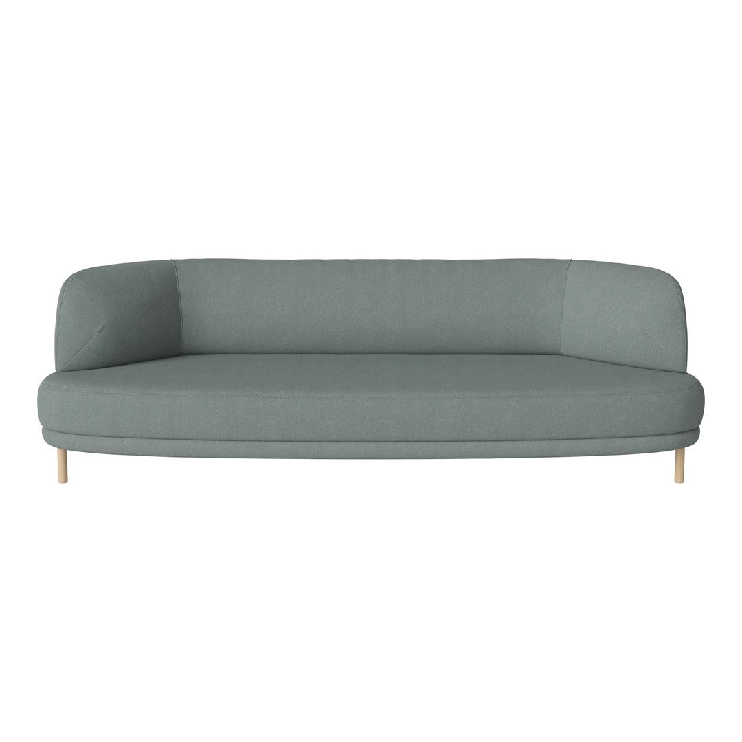 Modern light gray curved sofa with clean lines and wooden legs, perfect for contemporary living spaces.