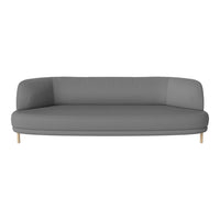 Modern gray sofa with a smooth fabric finish and rounded edges, featuring light wooden legs.