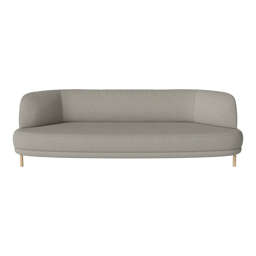 Light gray curved sofa with a smooth fabric finish and wooden legs, perfect for modern living spaces.