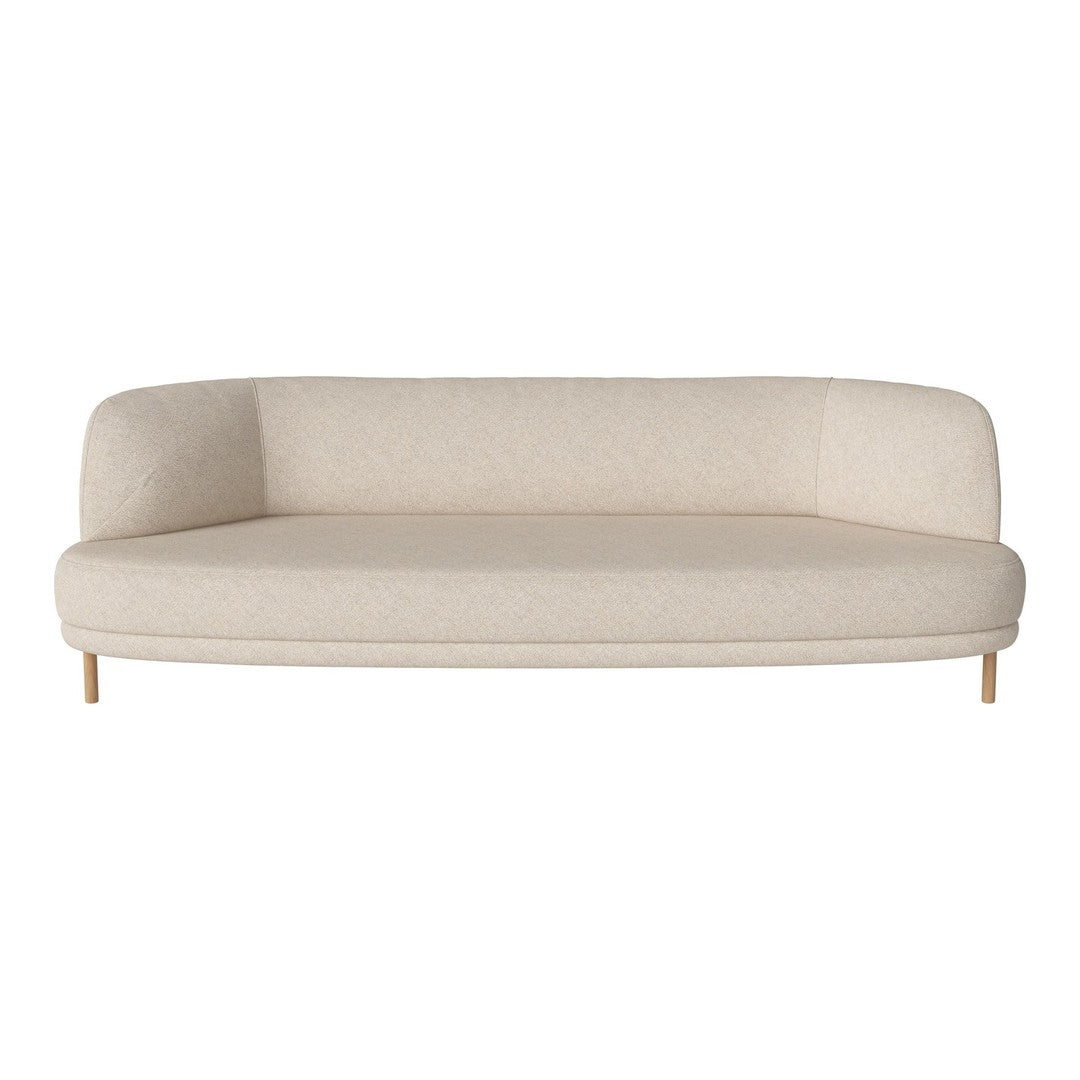 Light beige curved sofa with a smooth fabric texture and wooden legs, perfect for modern interiors.