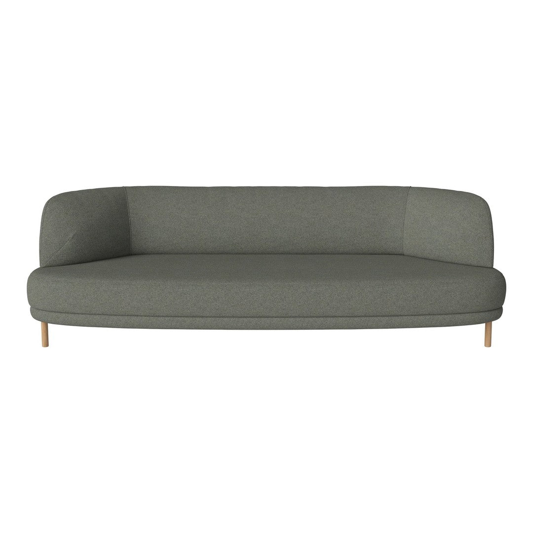 Modern gray curved sofa with smooth upholstery and sleek wooden legs, perfect for minimalist decor.