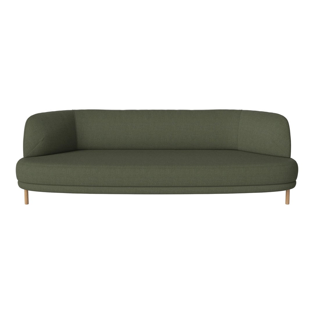 Olive green modern sofa with a smooth texture and rounded silhouette, featuring light wooden legs.