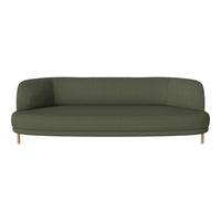 Olive green modern sofa with a smooth texture and rounded silhouette, featuring light wooden legs.