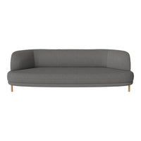 Gray fabric sofa with smooth contours and wooden legs, featuring a minimalist design. Perfect for modern living spaces.