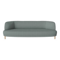 Light gray curved sofa with smooth upholstery and wooden legs, featuring a minimalist design and subtle texture.