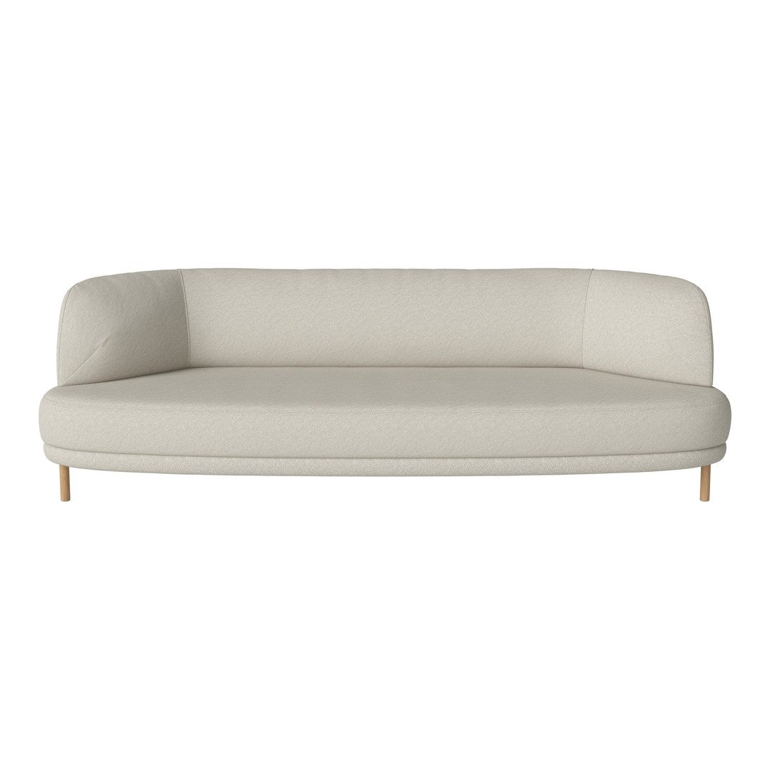 Elegant beige curved sofa with smooth fabric and light wooden legs, perfect for modern living spaces.