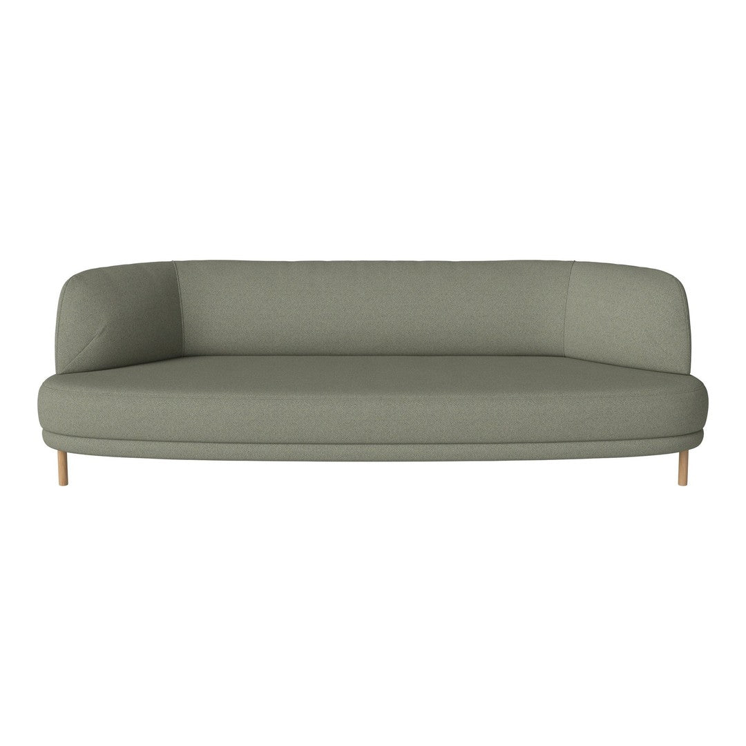 Sleek green sofa with a smooth fabric finish and light wooden legs, featuring a modern minimalist design.