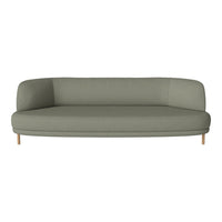 Sleek green sofa with a smooth fabric finish and light wooden legs, featuring a modern minimalist design.