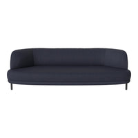 Navy blue sleek sofa with a smooth, minimalist design and curved edges. Ideal for modern living spaces.