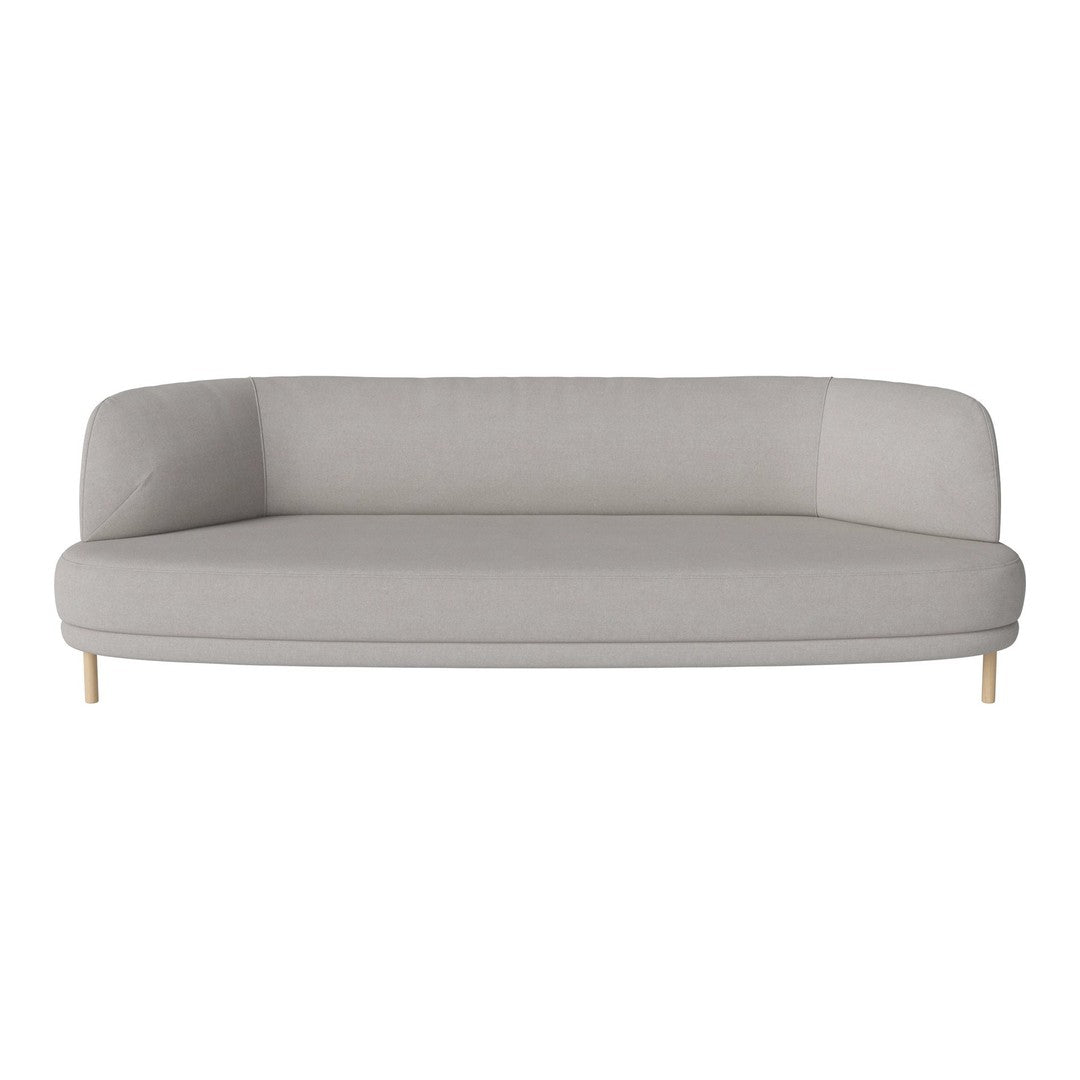 Light grey curved sofa with smooth fabric and wooden legs, perfect for modern living spaces.