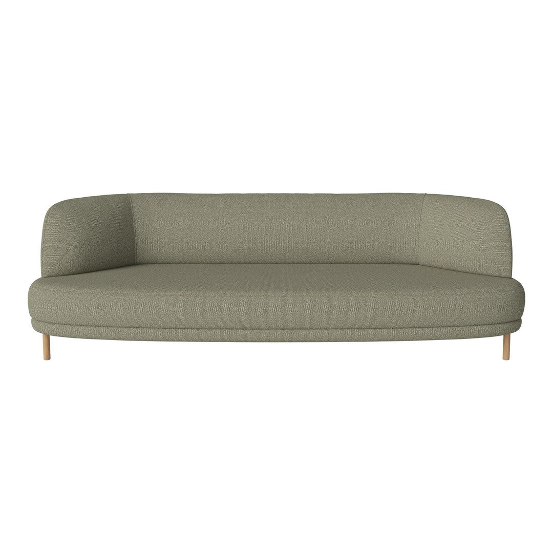 Sleek olive green sofa with clean lines and textured fabric, featuring natural wooden legs. Ideal for modern interiors.
