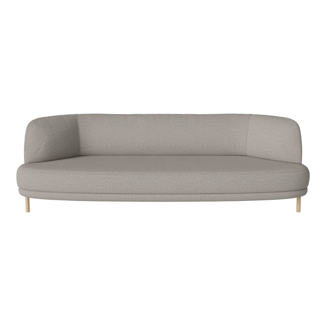 Light gray curved sofa with a textured pattern and wooden legs, perfect for modern living spaces.