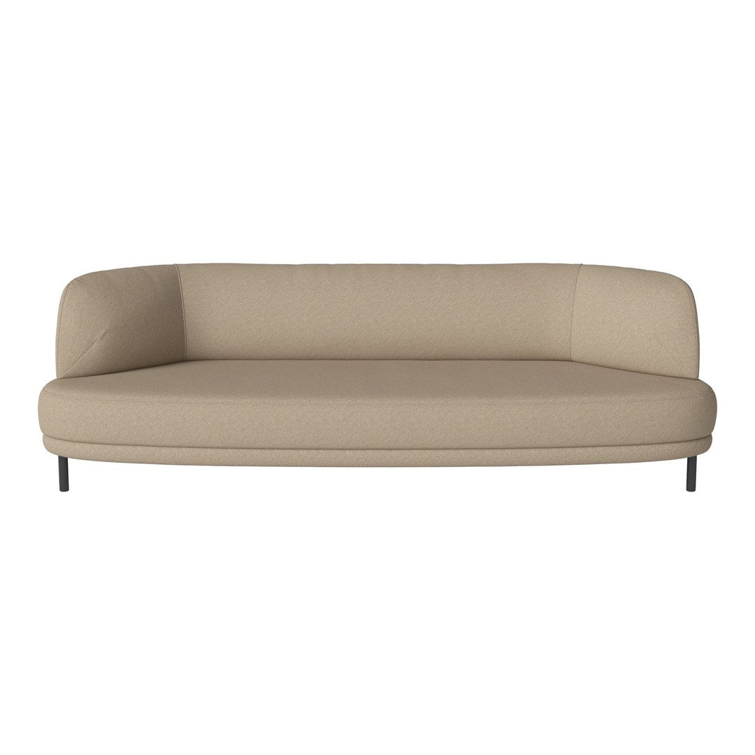 Beige curved sofa with smooth fabric and minimalist design, featuring sleek black metal legs.