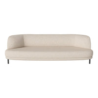"Minimalist beige sofa with a smooth fabric finish and sleek black legs, perfect for modern decor."