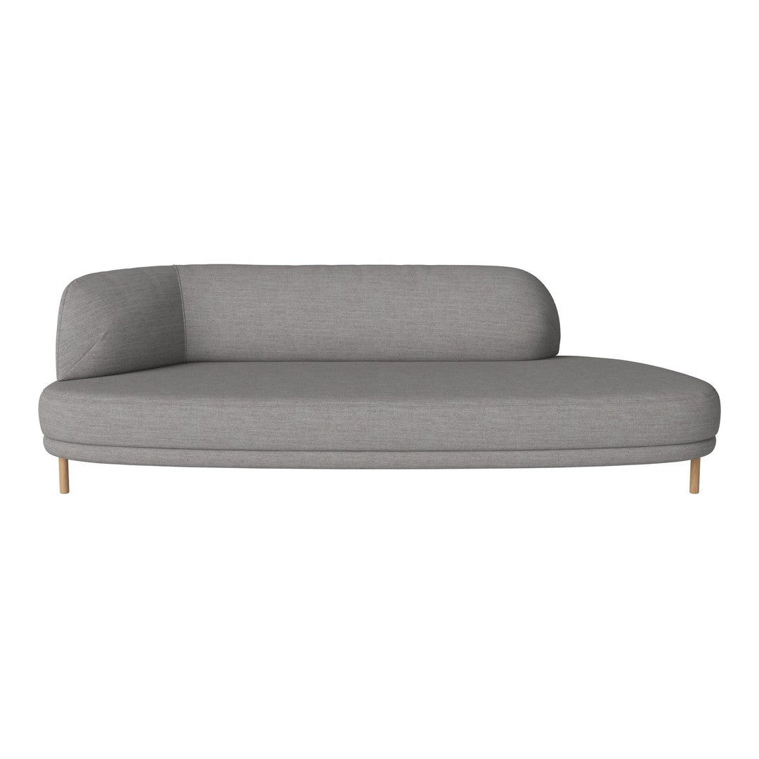 Modern gray curved sofa with smooth fabric and minimalist design, featuring light wood legs.